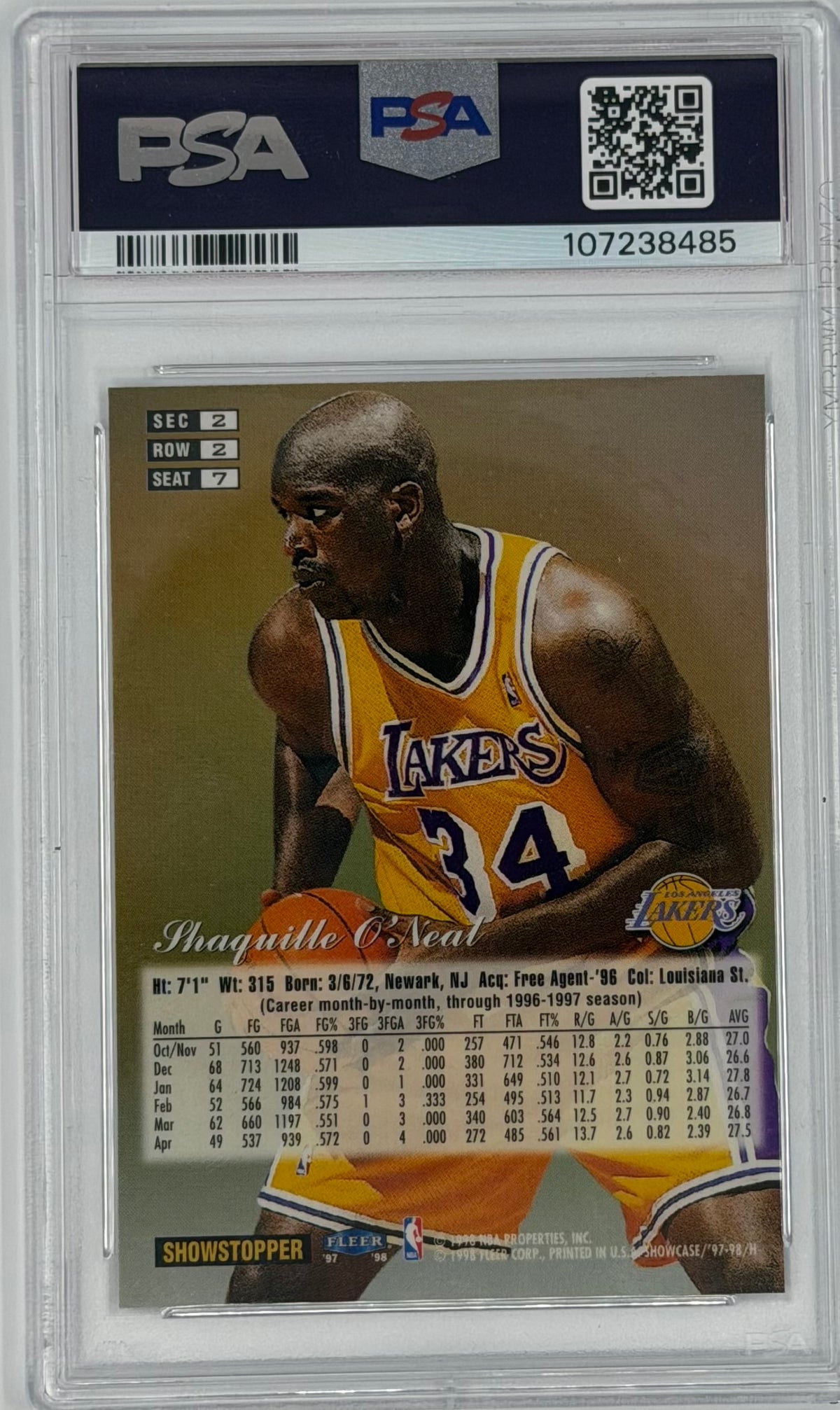 1997 Flair Showcase Shaquille O'Neal Row 2 #7 PSA 9 back
