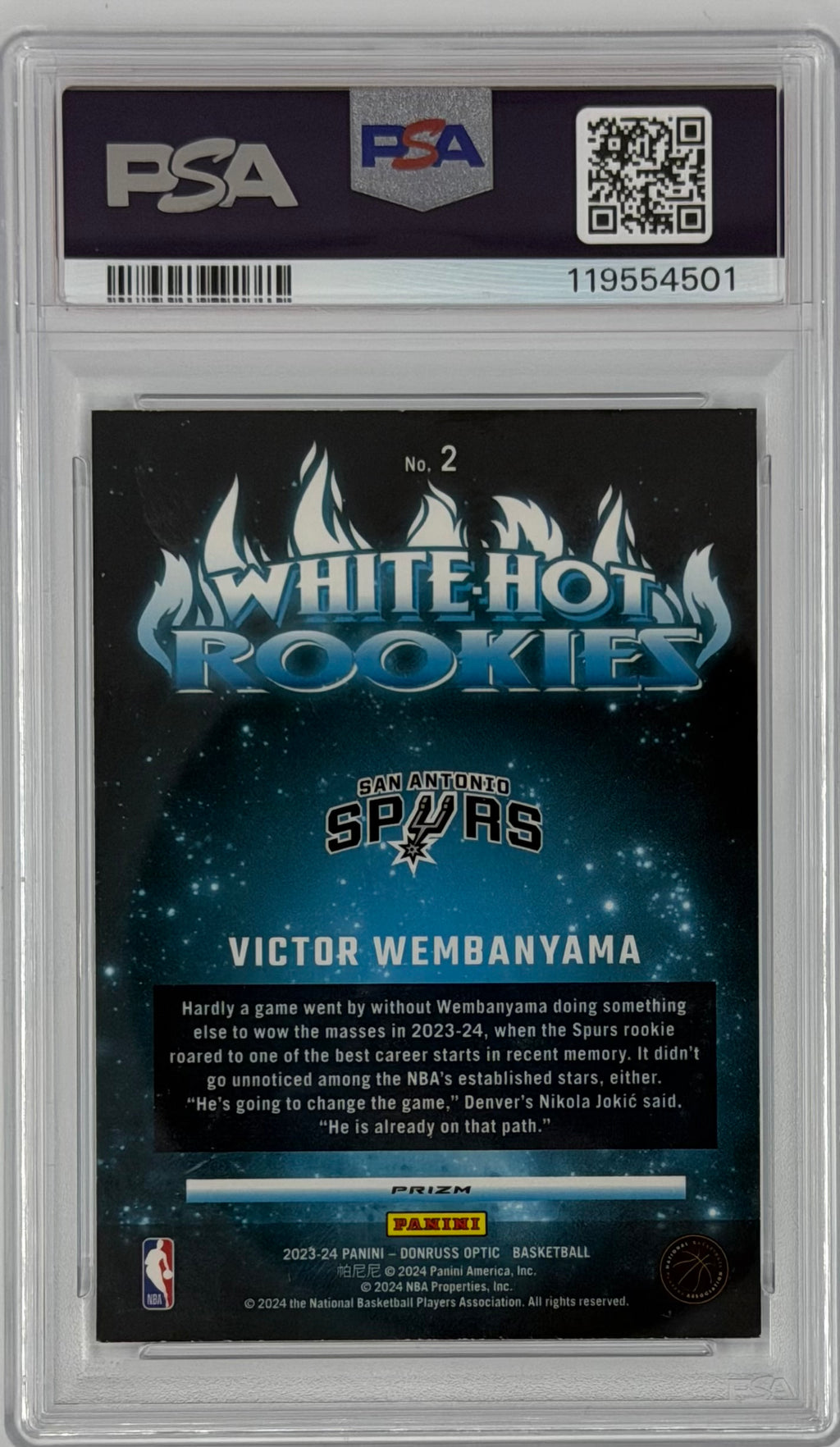 2023 Donruss Optic Victor Wembanyama White Hot Rookie Purple #2 PSA 8 back
