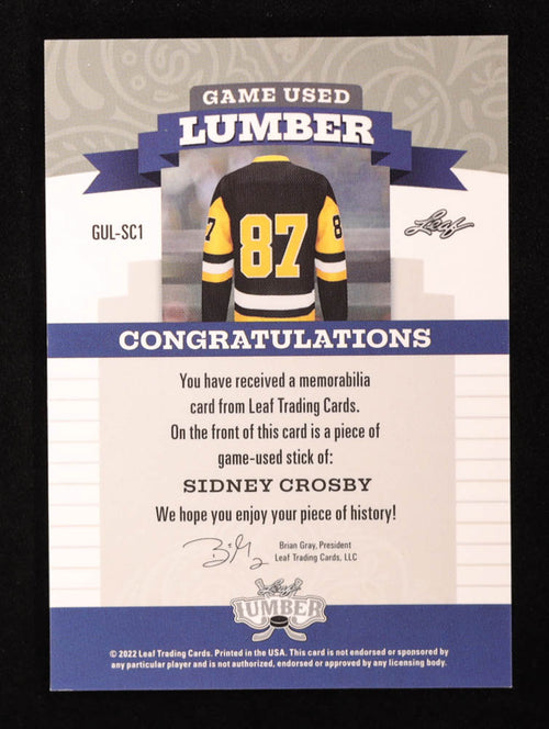 Sidney Crosby 2022 Leaf Lumber Game Used Lumber Copper #17/18 back